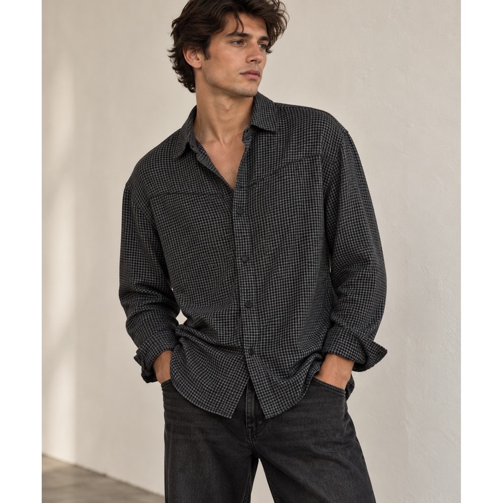 Zara Western Shirt Grey Black Gingham Plaid Cowboy Dark Academia Small